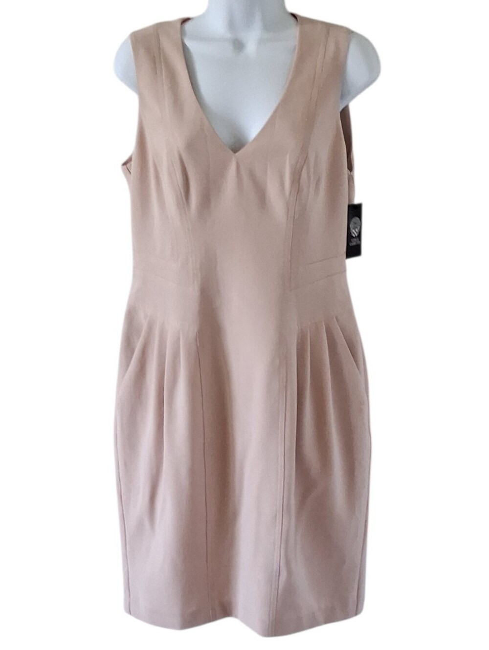 Vince Camuto Sheath Dress Size 10 Beige Career Pockets Sleevless Neutral V-neck